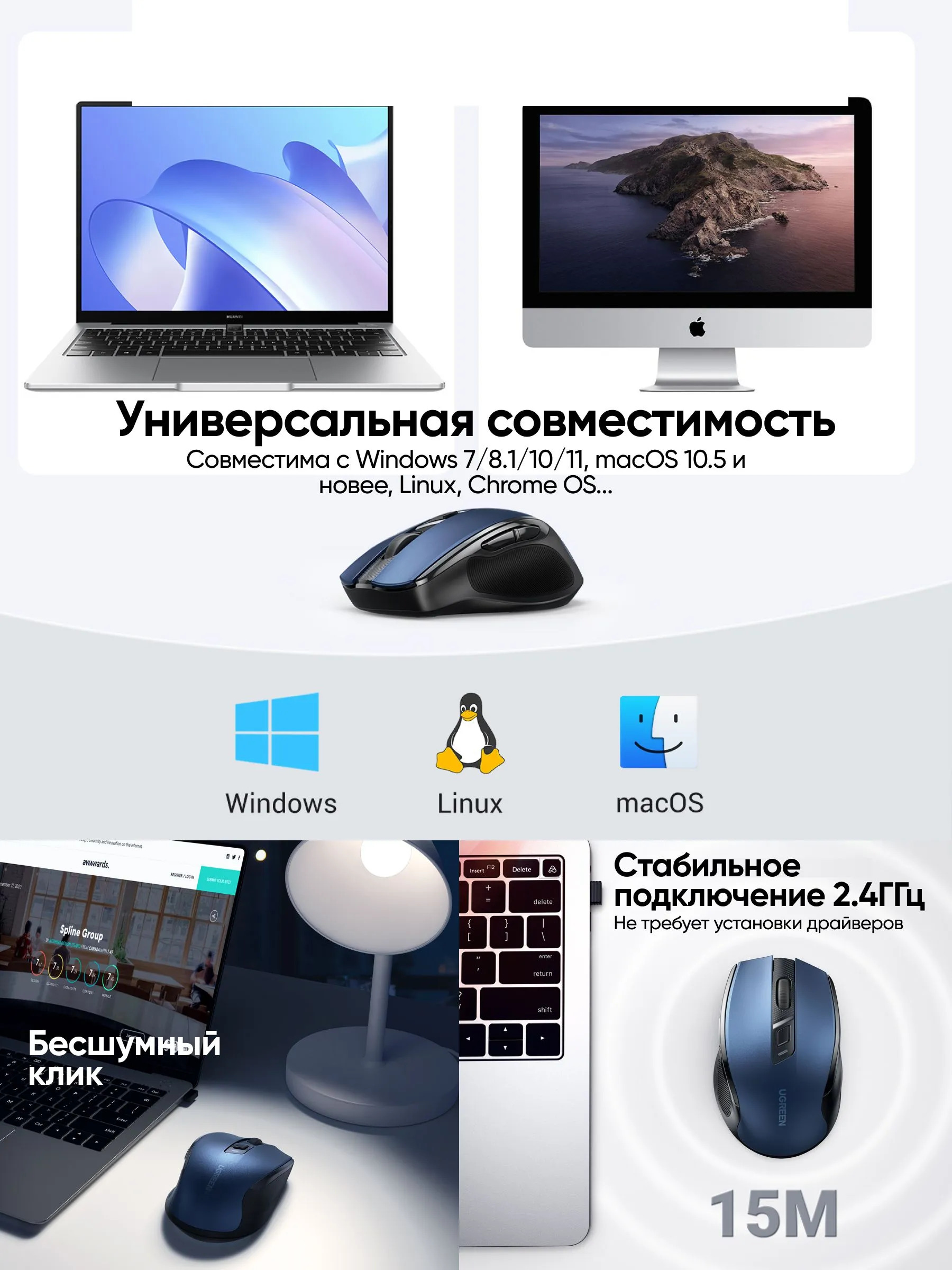 Беспроводная мышь UGREEN MU006 (синий)