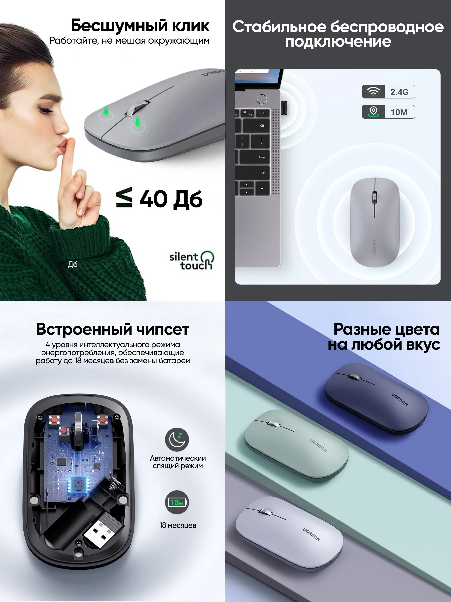 Беспроводная мышь UGREEN MU001 (светло-серый)