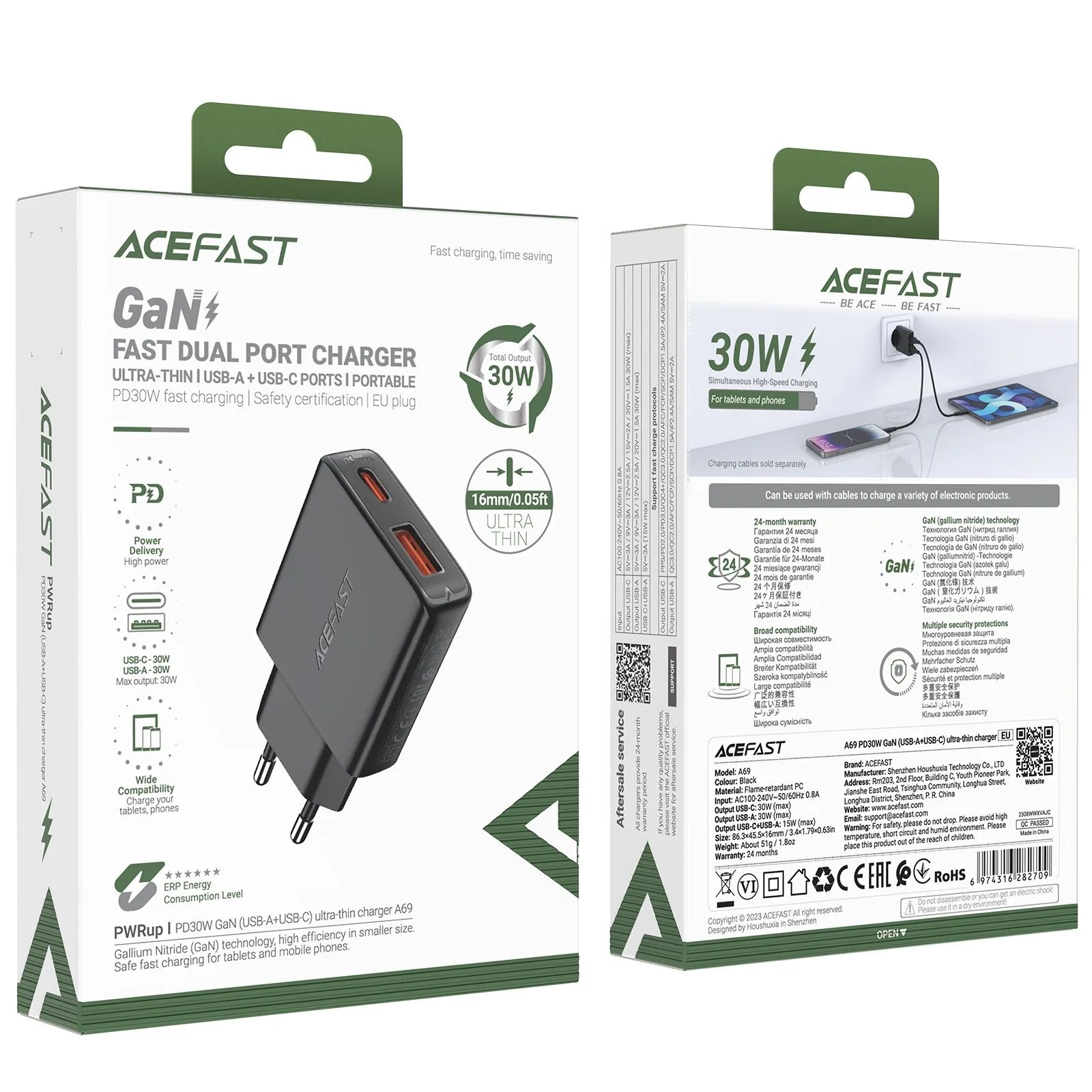 Зарядное устройство ACEFAST A69 PD30W GaN (USB-A+USB-C) ultra-thin charger (EU, черный)