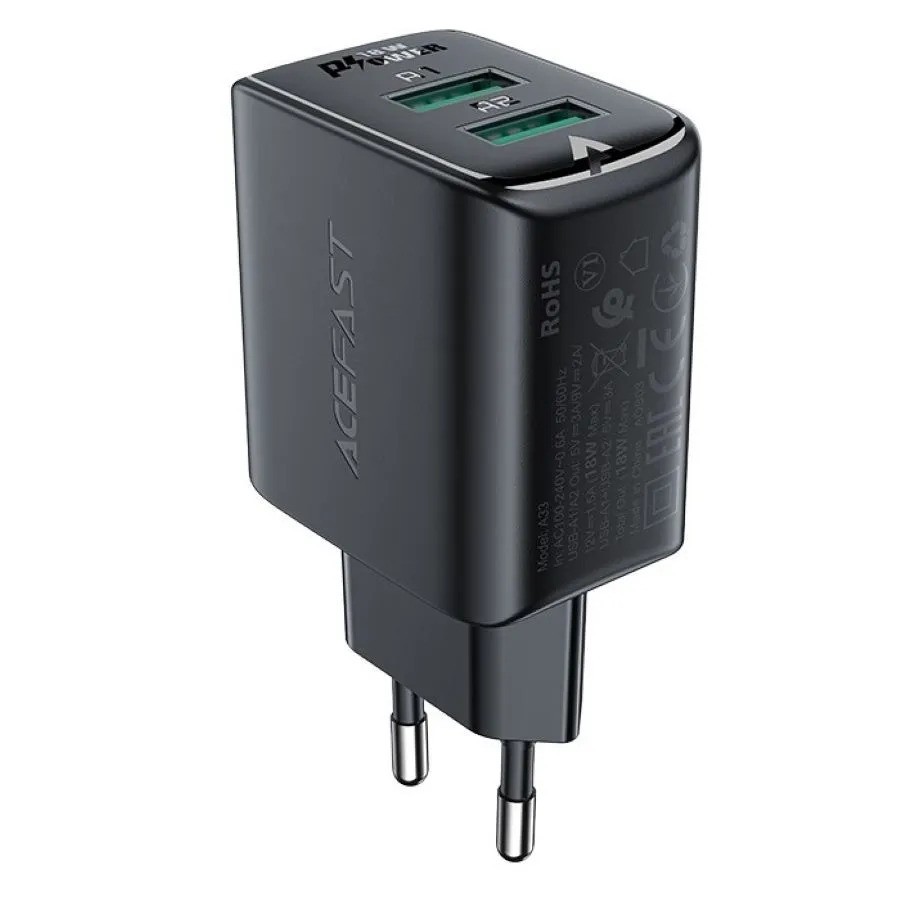 Зарядное устройство ACEFAST A33 QC18W USB-A+USB-A (черный)