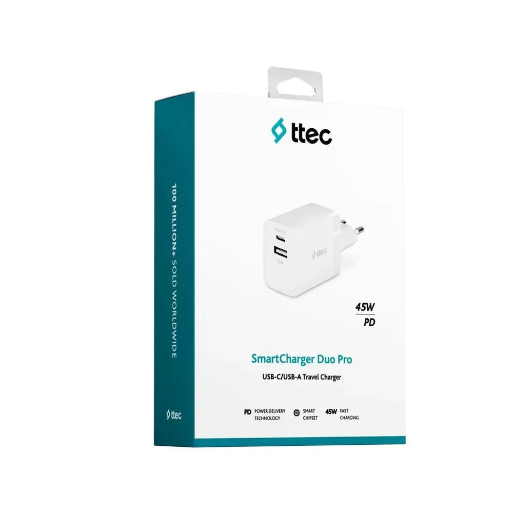 Зарядное устройство TTEC SmartCharger 45W PD Duo Travel Charger (USB-C+USB-A, белый)