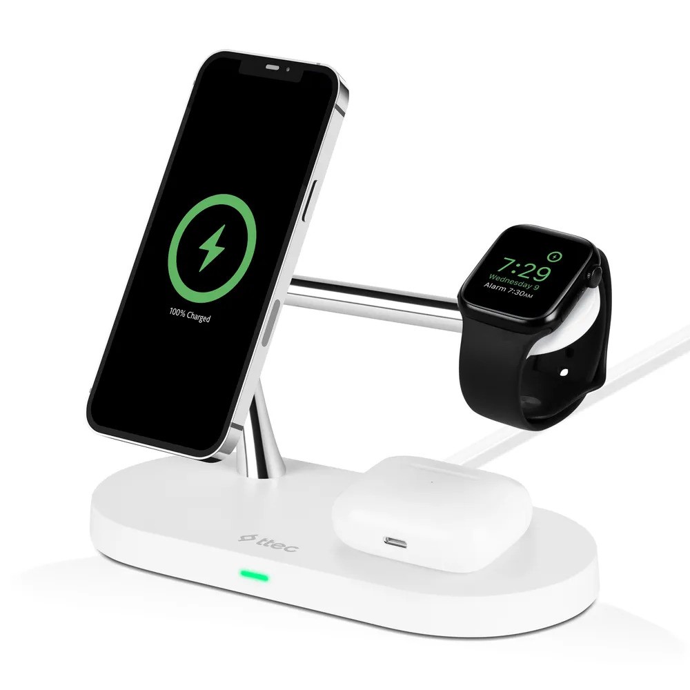 Беспроводная зарядная станция TTEC AirCharger Quattro M MagSafe Competitible 4in1 iPhone + Apple Watch + AirPods Wireless Fast charger with LED light (4-в-1, белый)