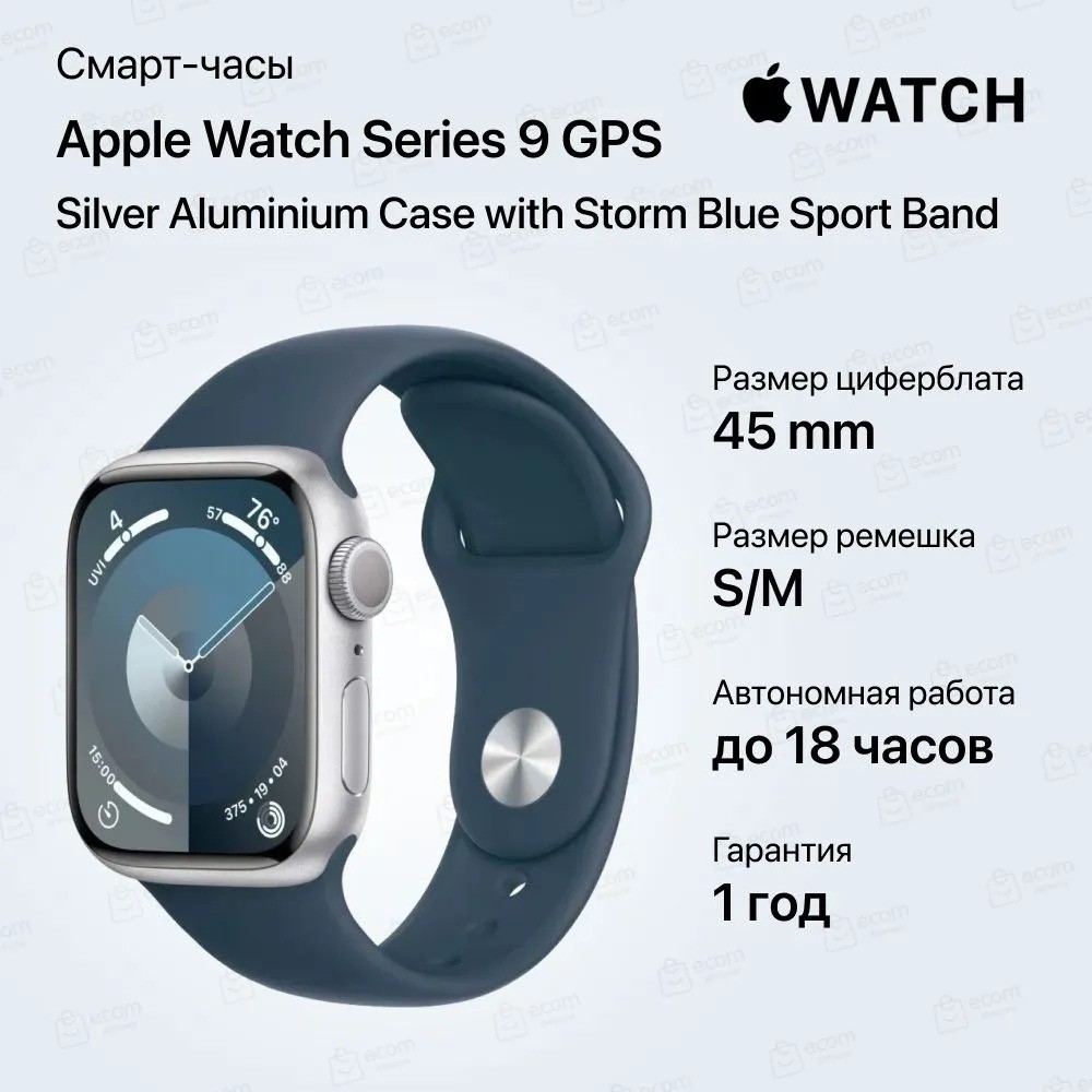 Умные часы Apple Watch Series 9 GPS Silver Aluminium Case with Storm Blue Sport Band (45mm, S/M, синий)