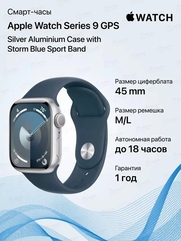 Умные часы Apple Watch Series 9 GPS Silver Aluminium Case with Storm Blue Sport Band M/L (45mm, синий)