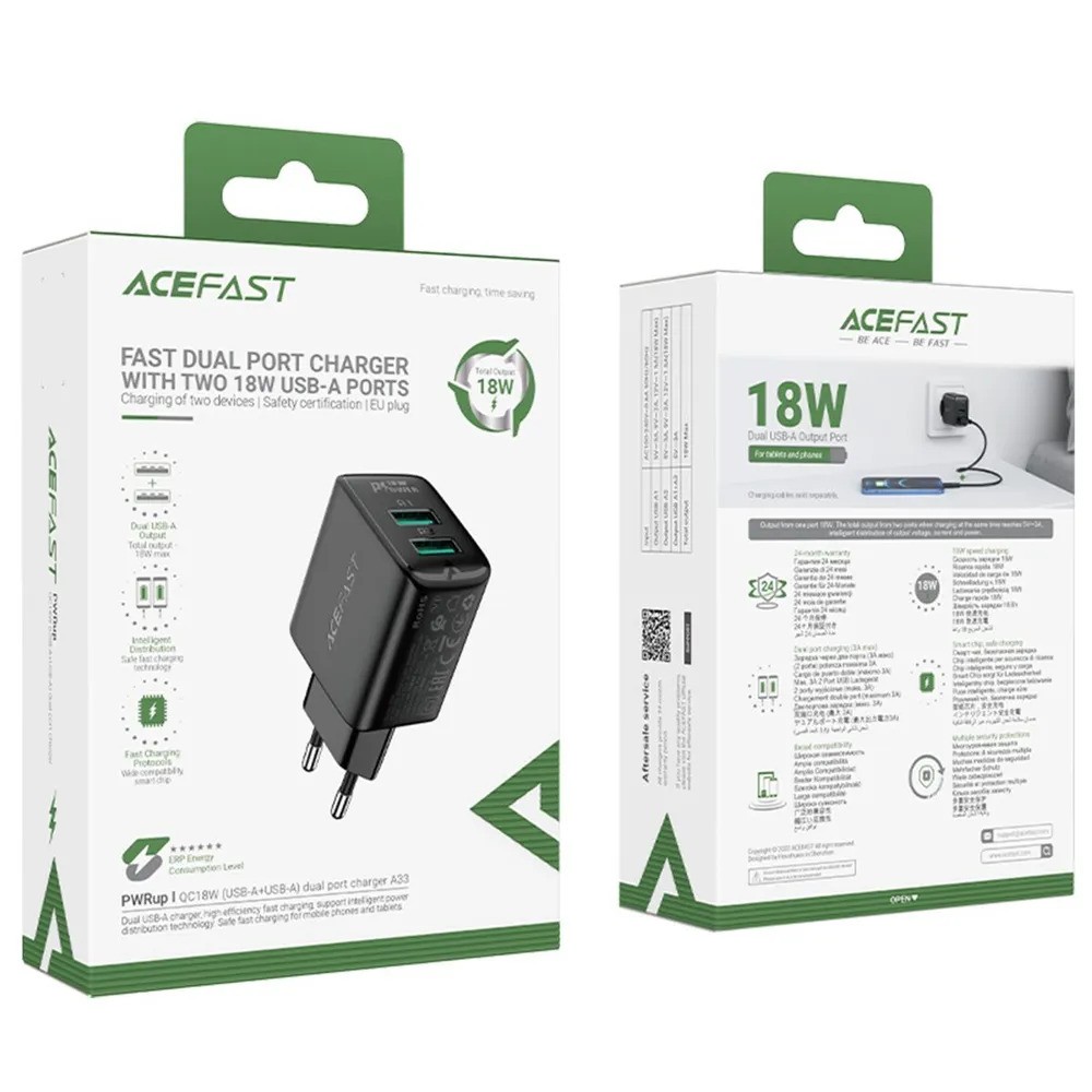 Зарядное устройство ACEFAST A33 QC18W USB-A+USB-A (черный)