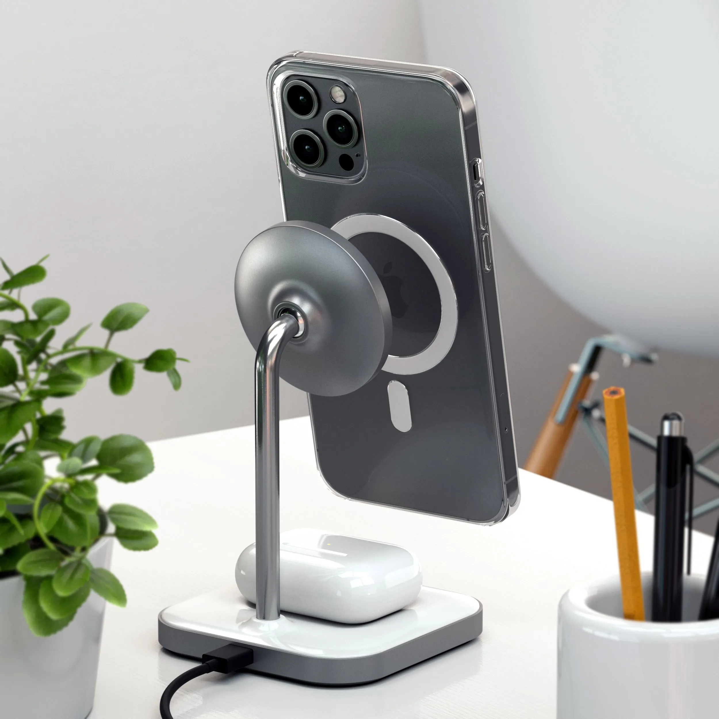 Беспроводное зарядное устройство-подставка Satechi Magnetic 2-in-1 Wireless Charging Stand (серый космос)