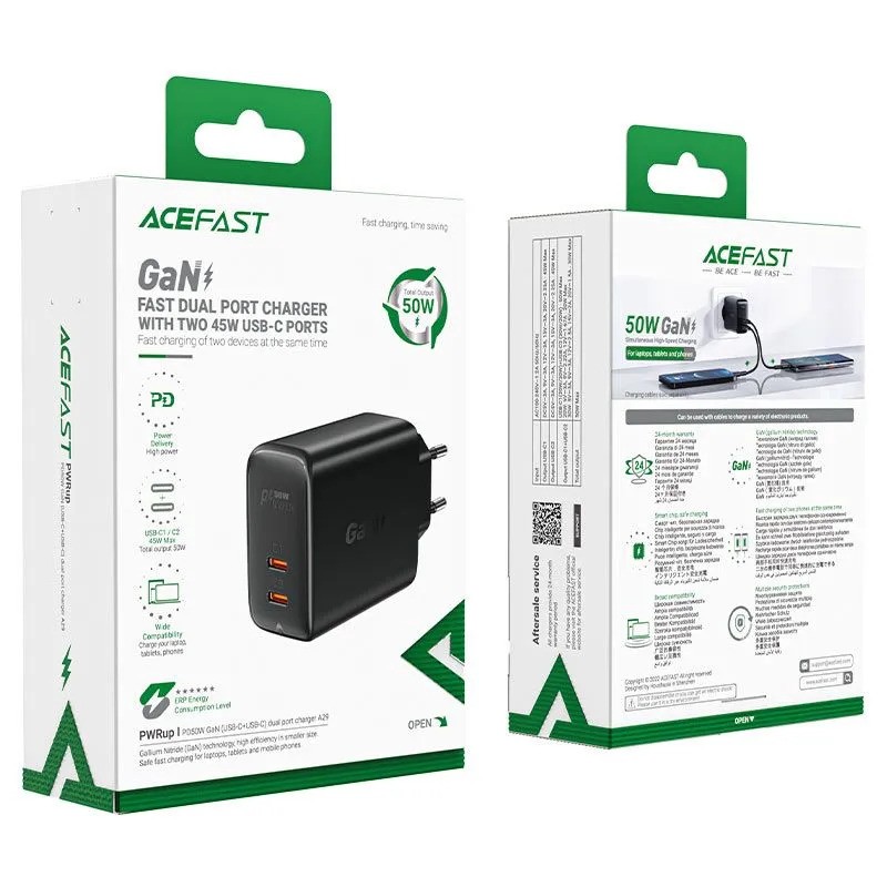 Зарядное устройство ACEFAST A29 PD50W GaN (USB-C+USB-C, черный)