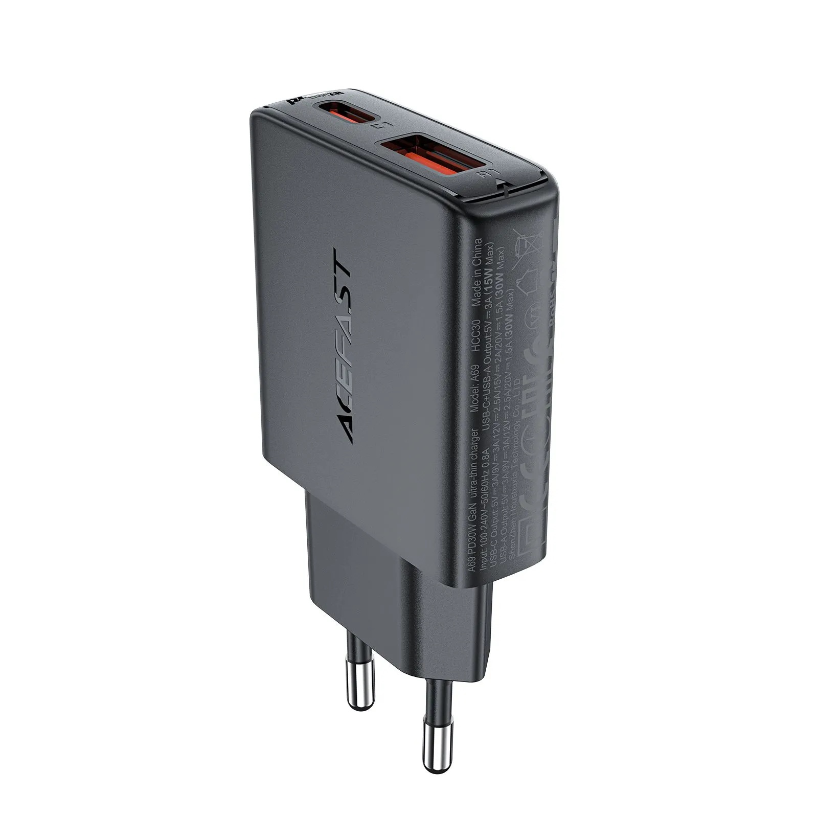 Зарядное устройство ACEFAST A69 PD30W GaN (USB-A+USB-C) ultra-thin charger (EU, черный)