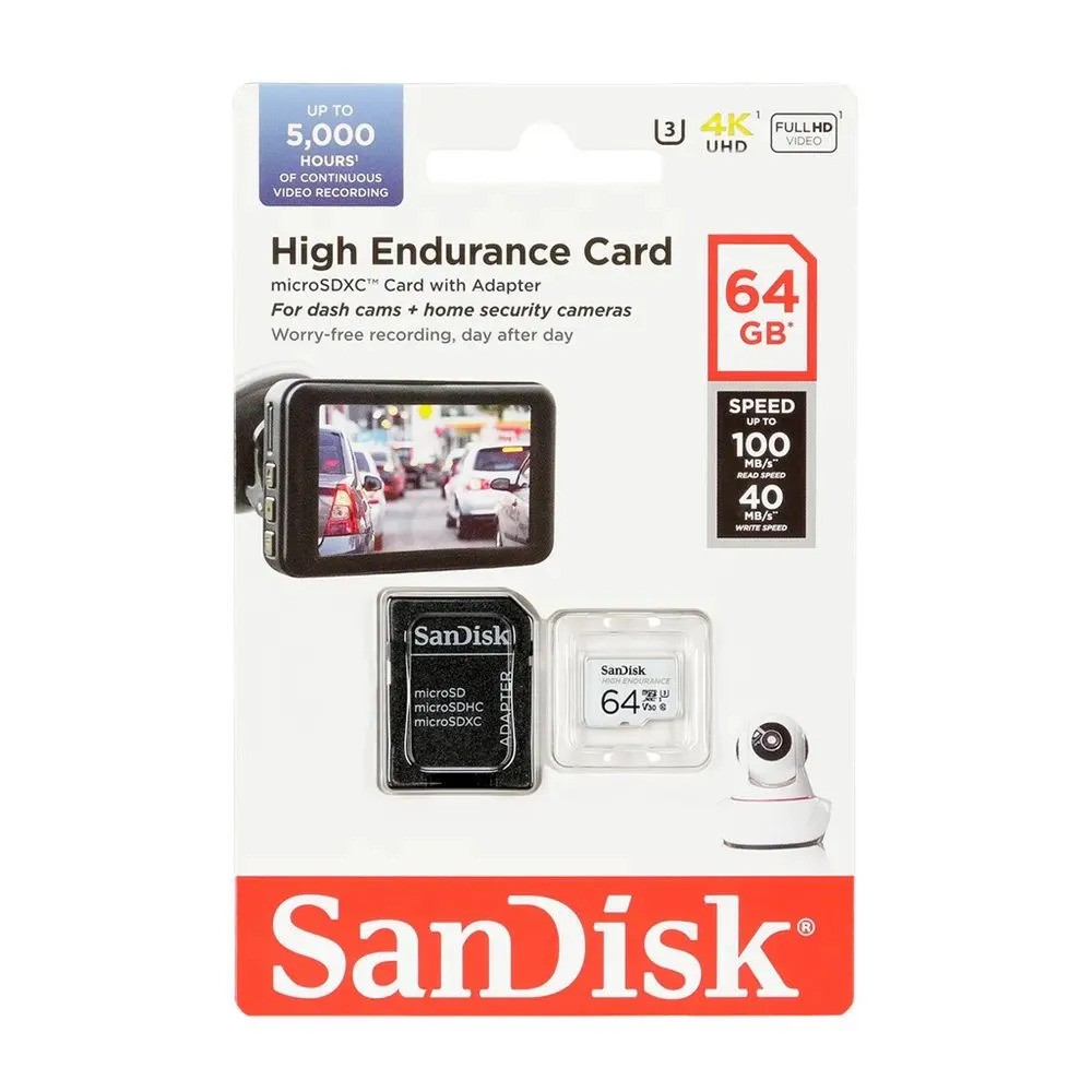 Карта памяти SanDisk High Endurance microSDHC (64 ГБ, с SD адаптером, белый)