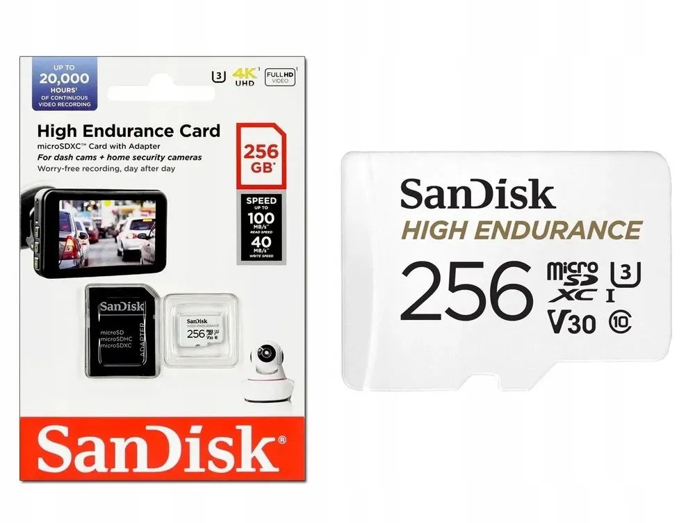 Карта памяти SanDisk High Endurance microSDHC (256 ГБ, с SD адаптером, белый)
