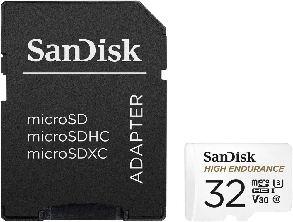 Карта памяти SanDisk High Endurance microSDHC (32 ГБ, с SD адаптером, белый)
