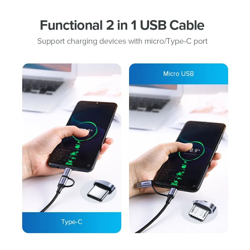 Кабель UGREEN US177 USB-A to Micro USB + USB Type-C (1м, черный)
