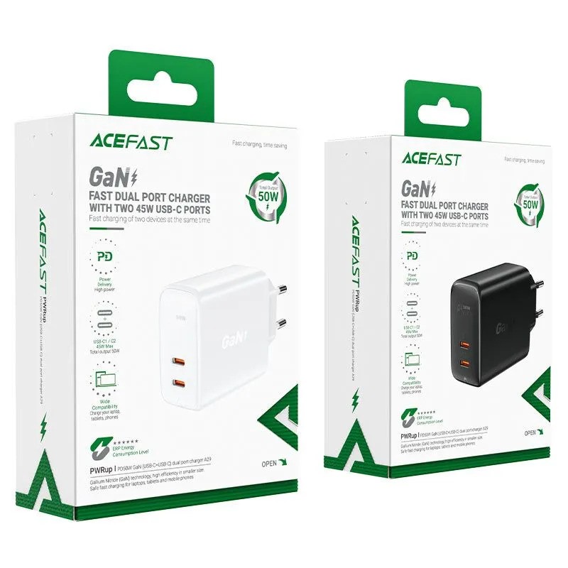 Зарядное устройство ACEFAST A29 PD50W GaN (USB-C+USB-C, белый)