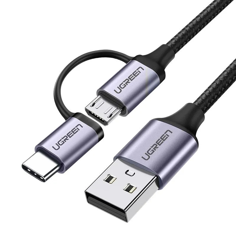 Кабель UGREEN US177 USB-A to Micro USB + USB Type-C (1м, черный)