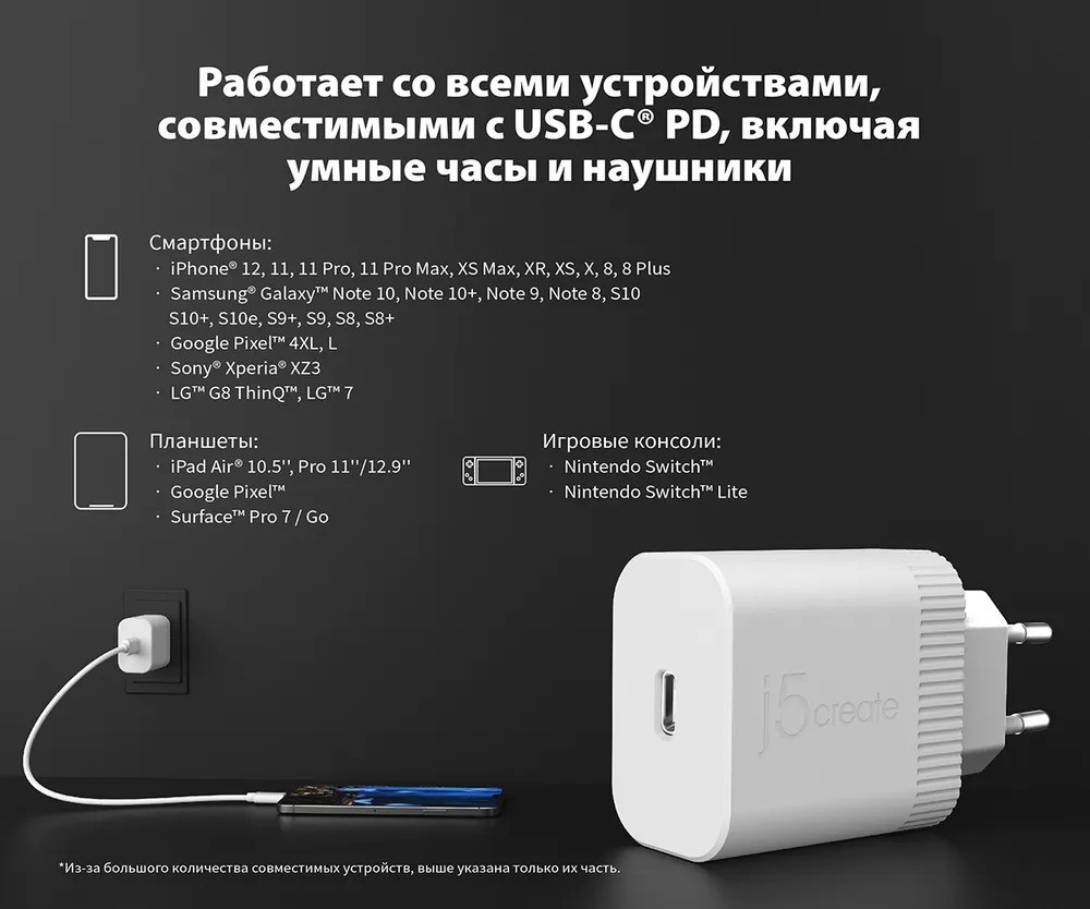 Сетевое зарядное устройство j5create 20W PD USB-C (белый)