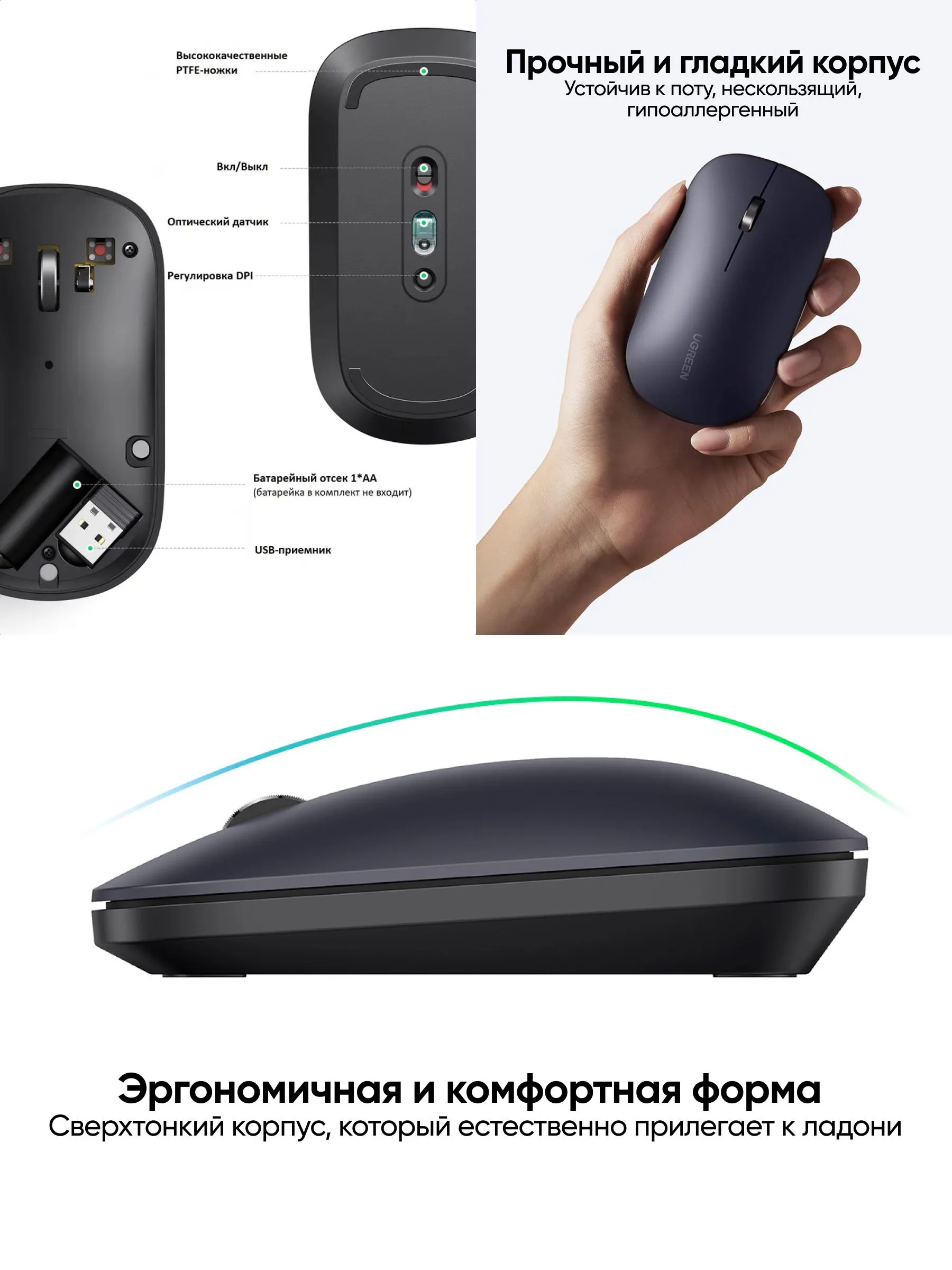 Беспроводная мышь UGREEN MU001 (черный)