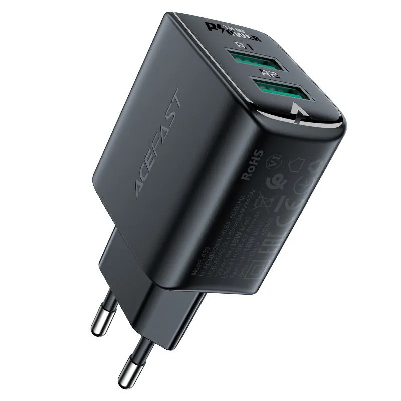 Зарядное устройство ACEFAST A33 QC18W USB-A+USB-A (черный)
