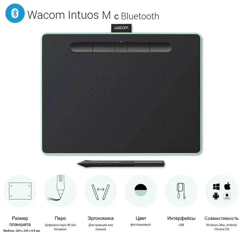 Графический планшет Wacom Intuos M Bluetooth (фисташковый)