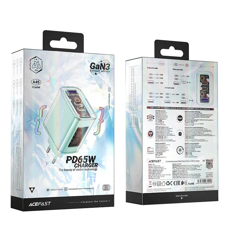 Сетевое зарядное устройство ACEFAST A45 PD65W (2xUSB-C+USB-A, зеленый)