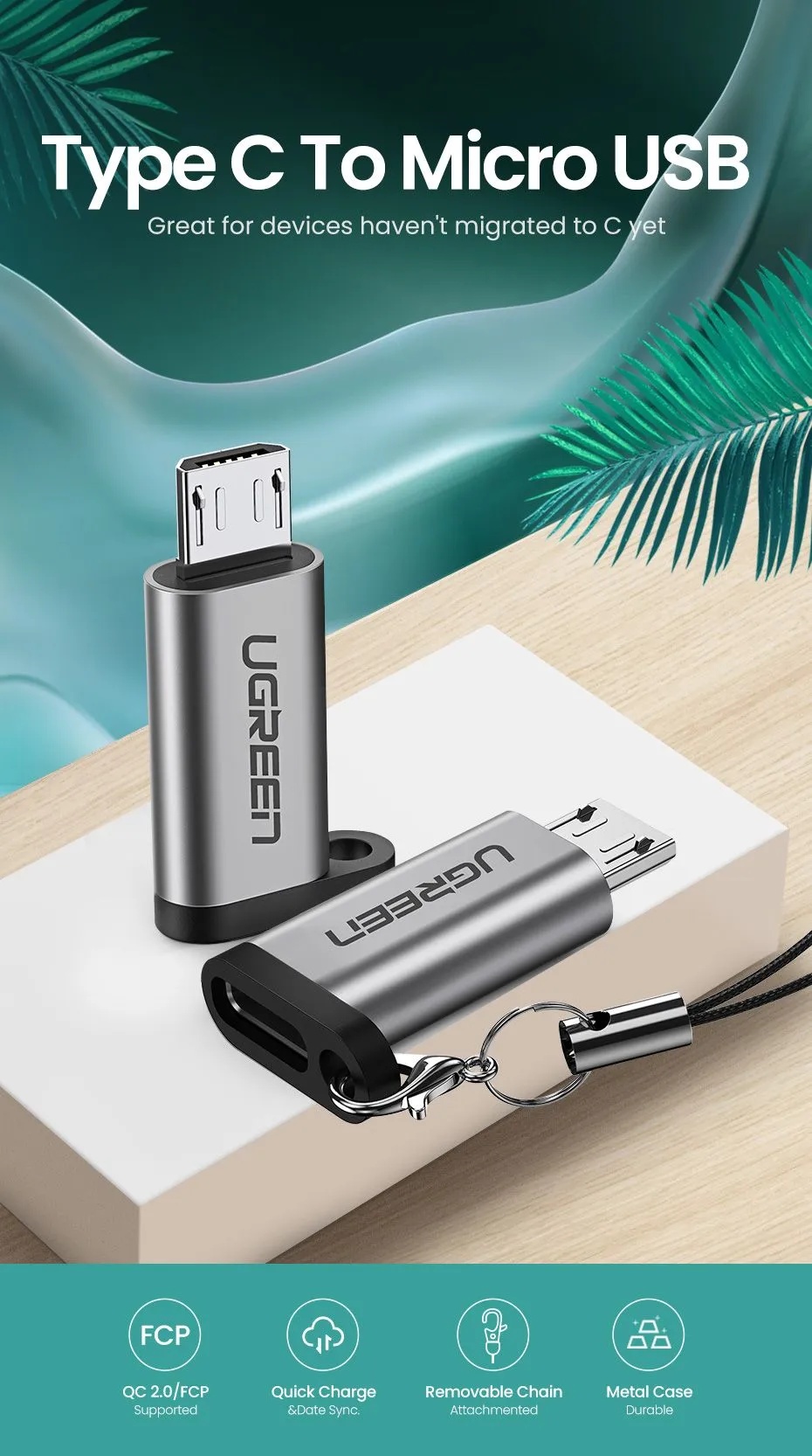 Адаптер UGREEN US282 USB-C Female to Micro USB Male (серый)