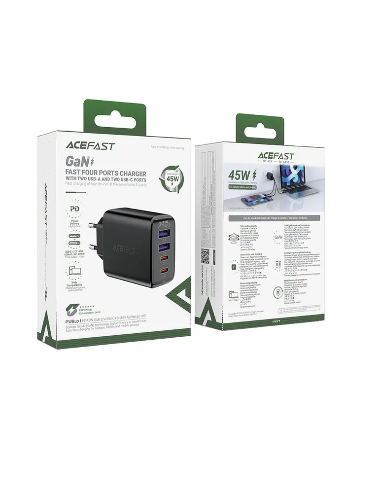 Зарядное устройство ACEFAST A61 PD45W GaN 2xUSB-C+2xUSB-A (черный)