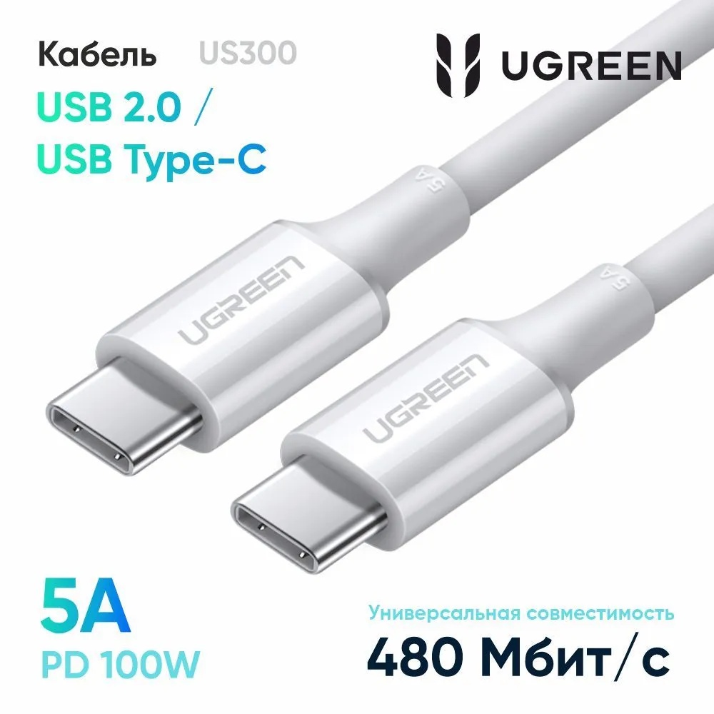 Кабель UGREEN US300 Type-C Male to Type-C Male 2.0 ABS Shell 5A Current (2 м, белый)