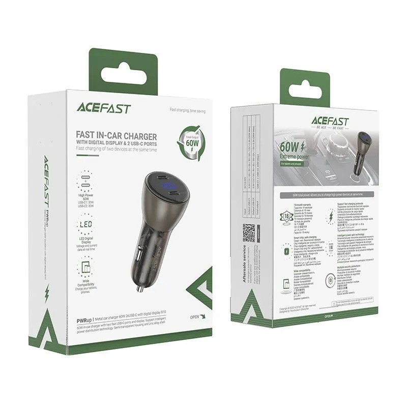 Автомобильное зарядное устройство ACEFAST B10 metal car charger 60W (USB-C + USB-C) with digital display (черный)