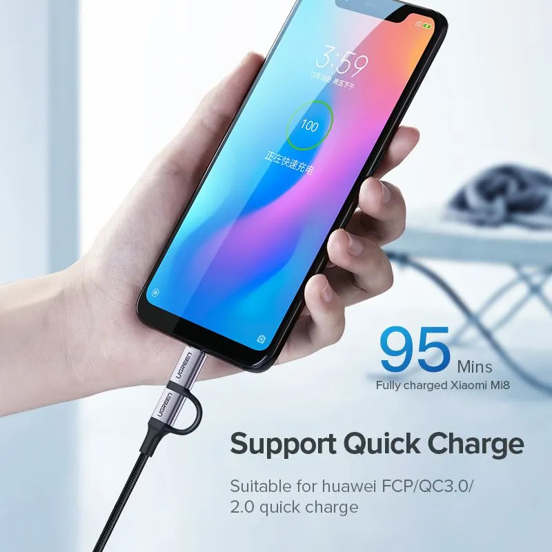Кабель UGREEN US177 USB-A to Micro USB + USB Type-C (1м, черный)