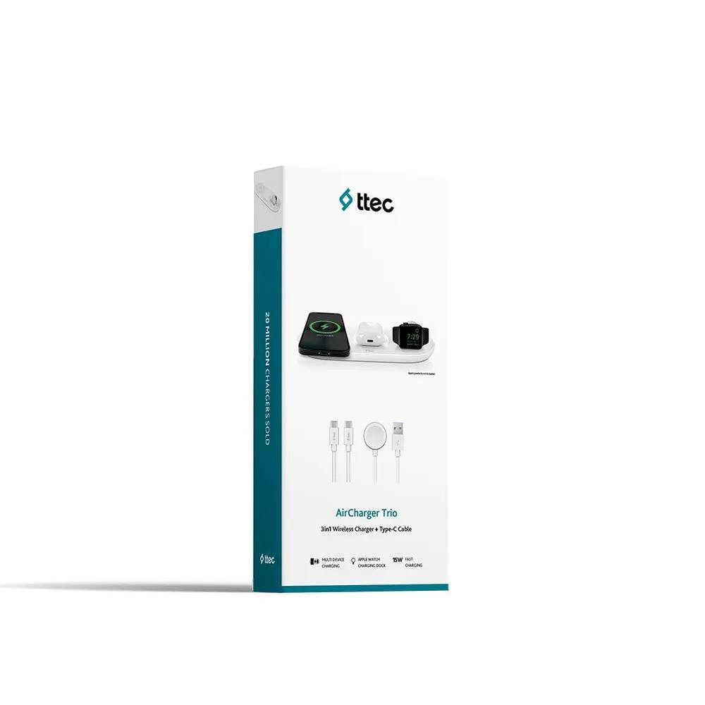 Беспроводная зарядная станция TTEC AirCharger Trio 3 in 1 iPhone + Apple Watch + AirPods Wireless Speed Charging Station (3-в-1, белый)