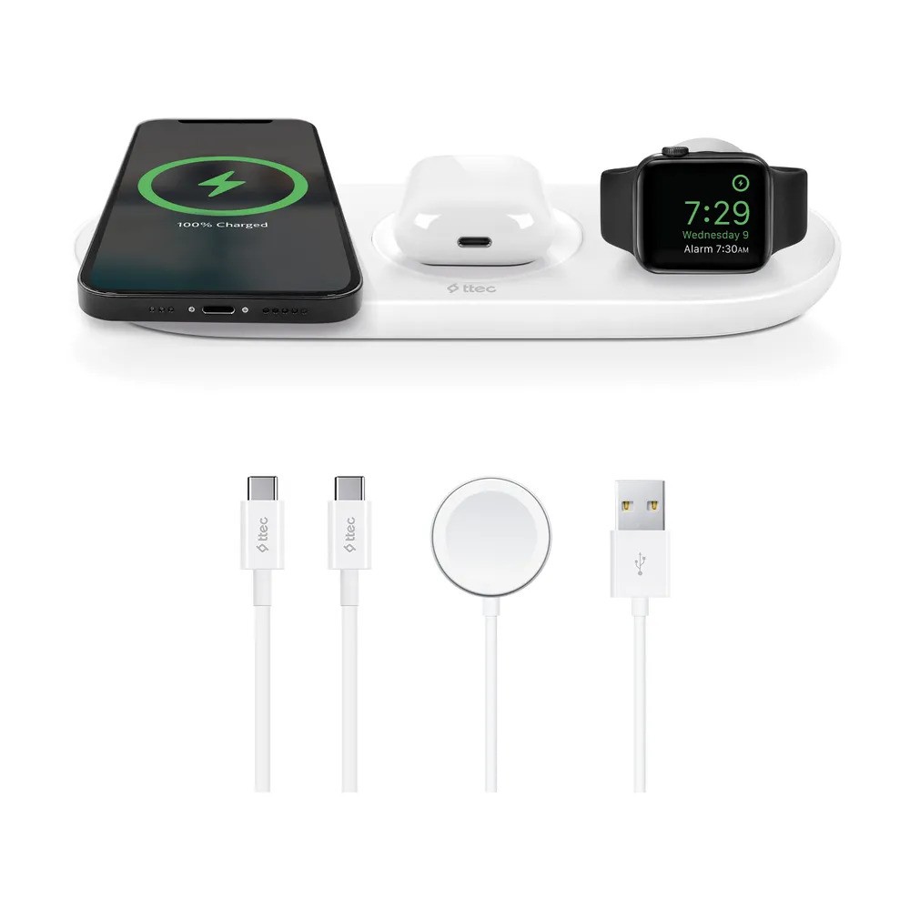 Беспроводная зарядная станция TTEC AirCharger Trio 3 in 1 iPhone + Apple Watch + AirPods Wireless Speed Charging Station (3-в-1, белый)